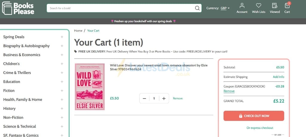 Screenshot of the Books Please discount code working