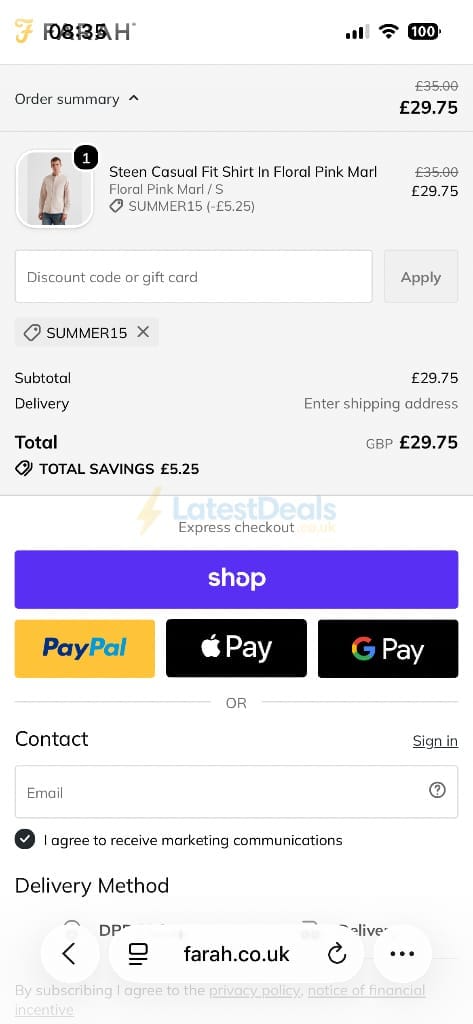 Screenshot of the Farah discount code working