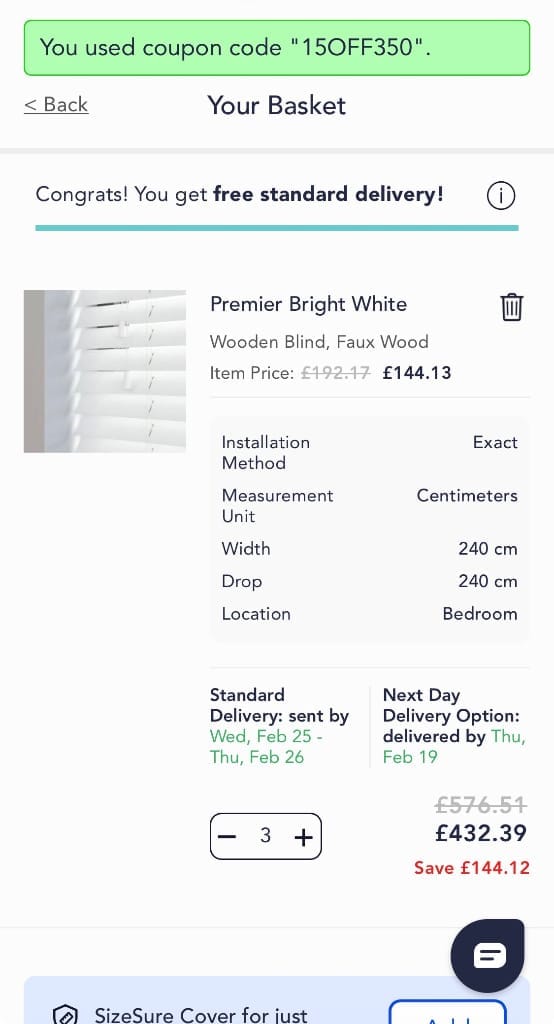 Screenshot of the Swift Direct Blinds discount code working