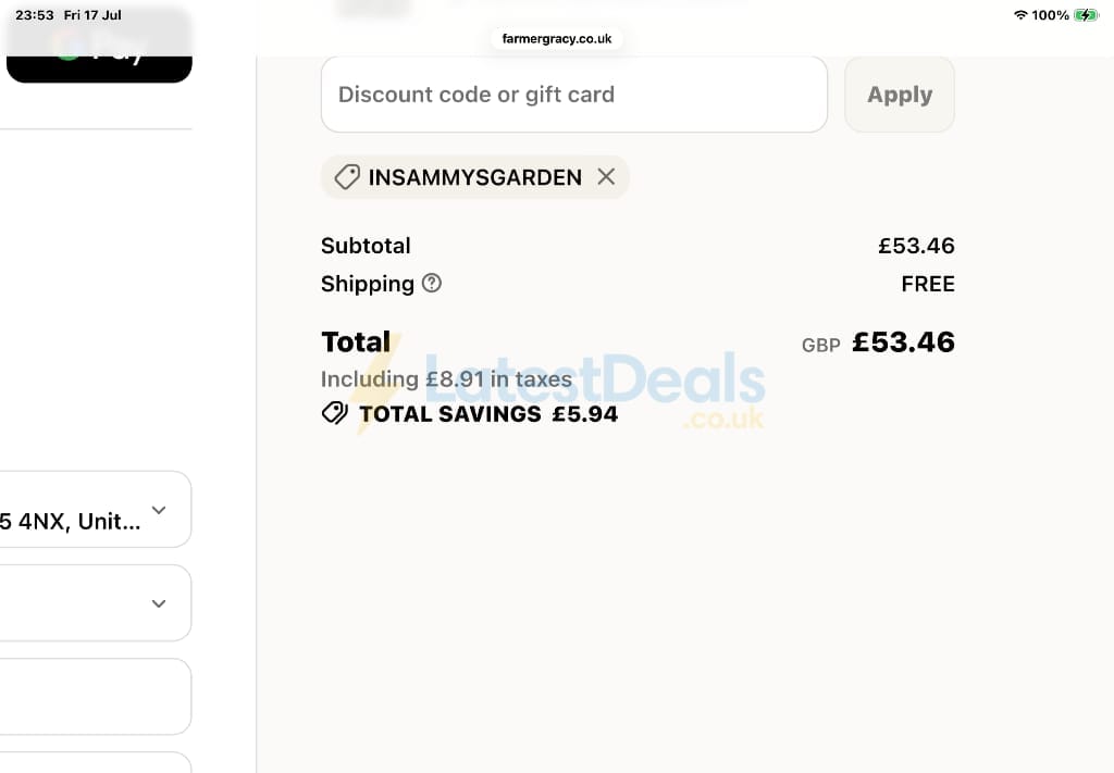 Screenshot of the Farmer Gracy discount code working