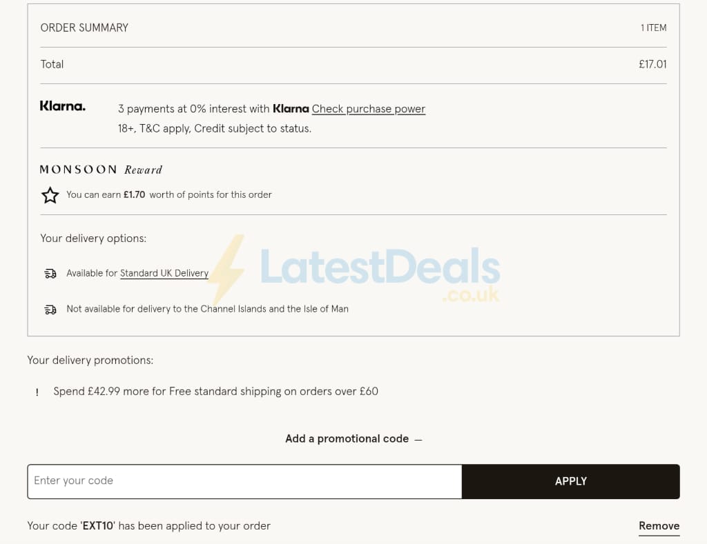 Screenshot of the Monsoon discount code working