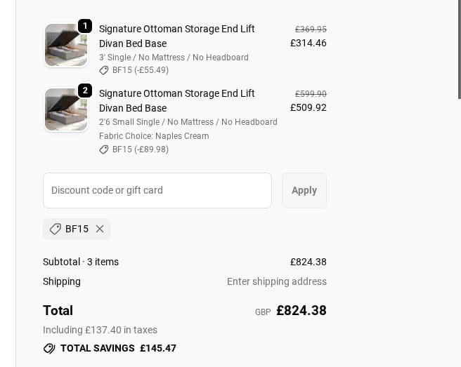 Screenshot of the Divan Base Direct discount code working