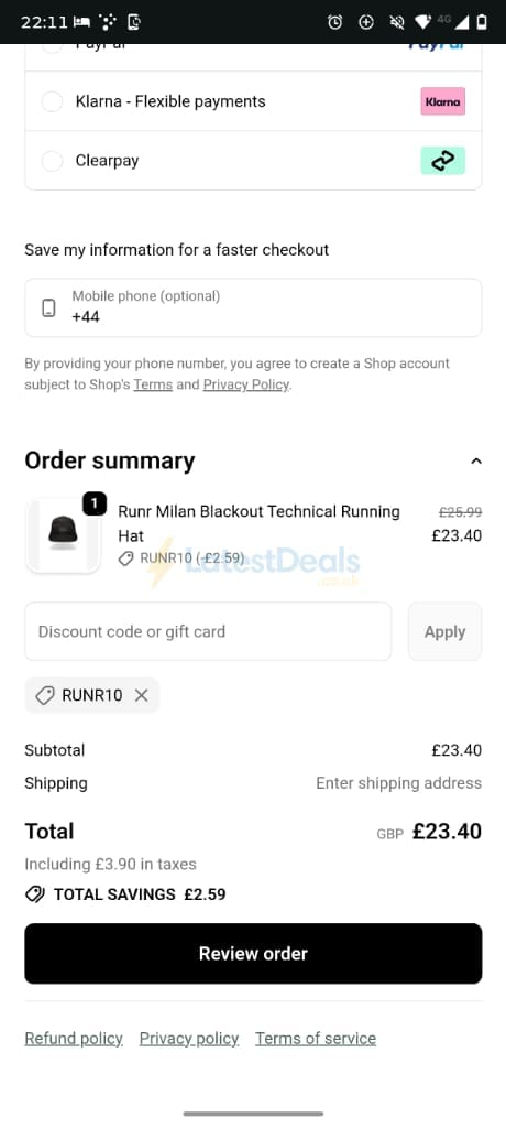 Screenshot of the Runr discount code working