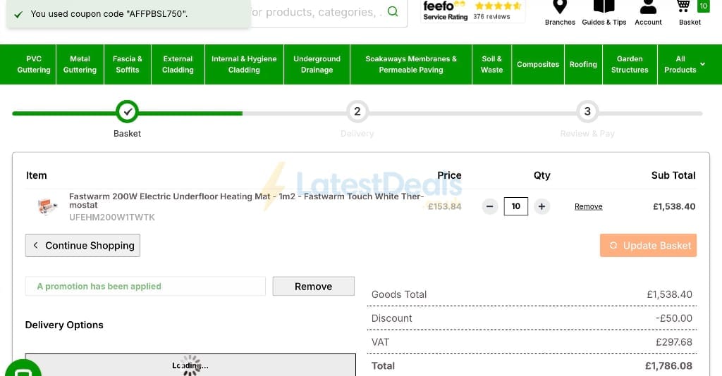 Screenshot of the Professional Building Supplies discount code working
