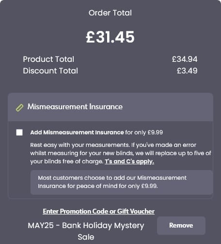 Screenshot of the Order Blinds discount code working
