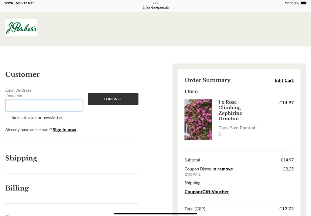 Screenshot of the J Parkers discount code working