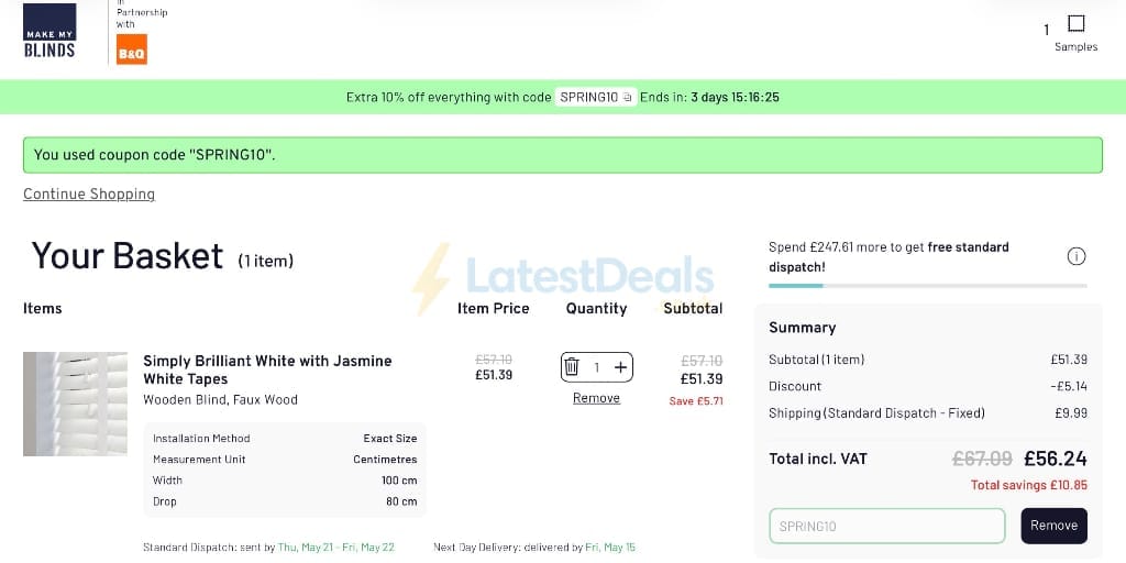Screenshot of the Make My Blinds discount code working