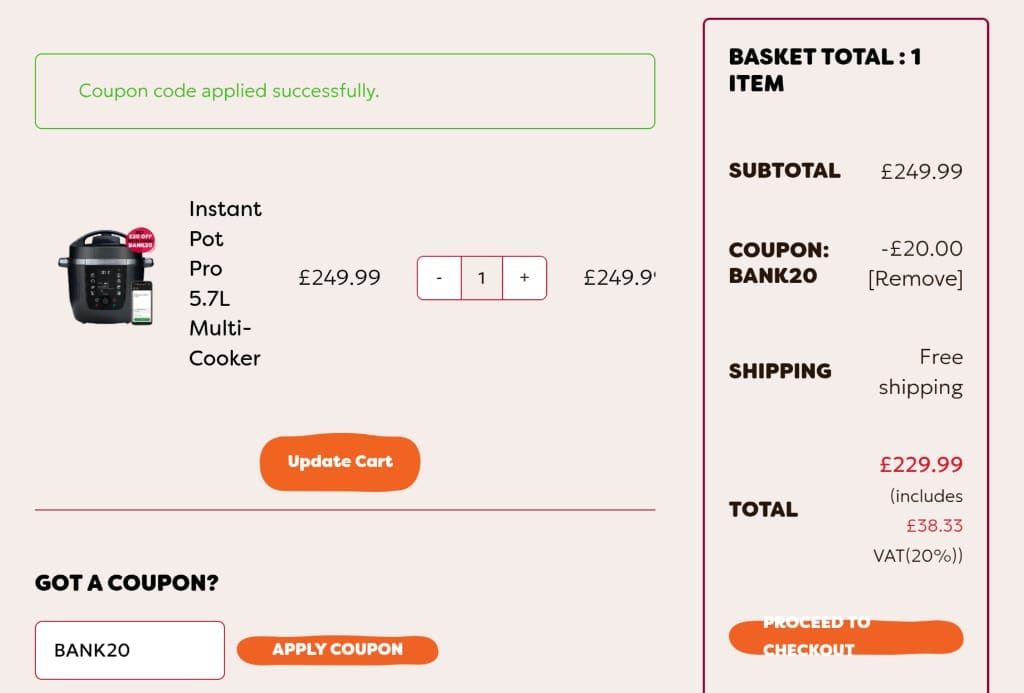 Screenshot of the Instant Pot discount code working