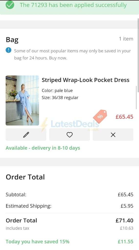 Screenshot of the Ulla Popken discount code working
