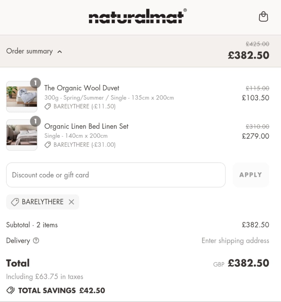 Screenshot of the Naturalmat discount code working