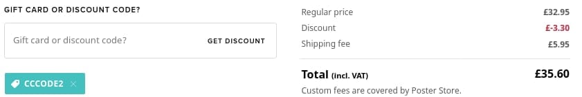 Screenshot of the Poster Store discount code working