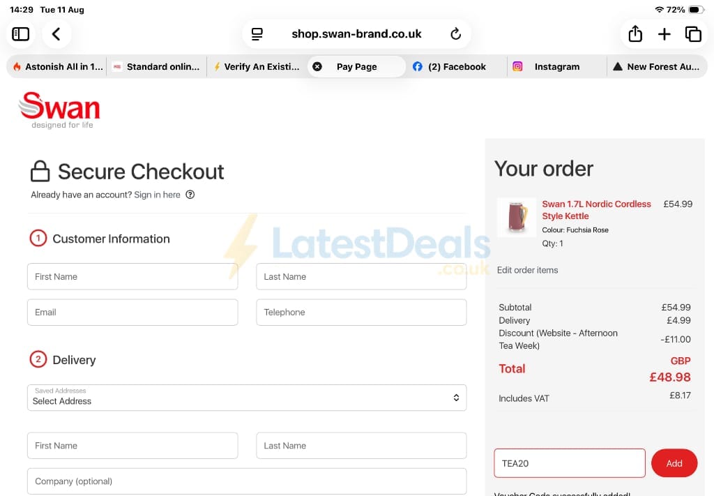 Screenshot of the Swan discount code working