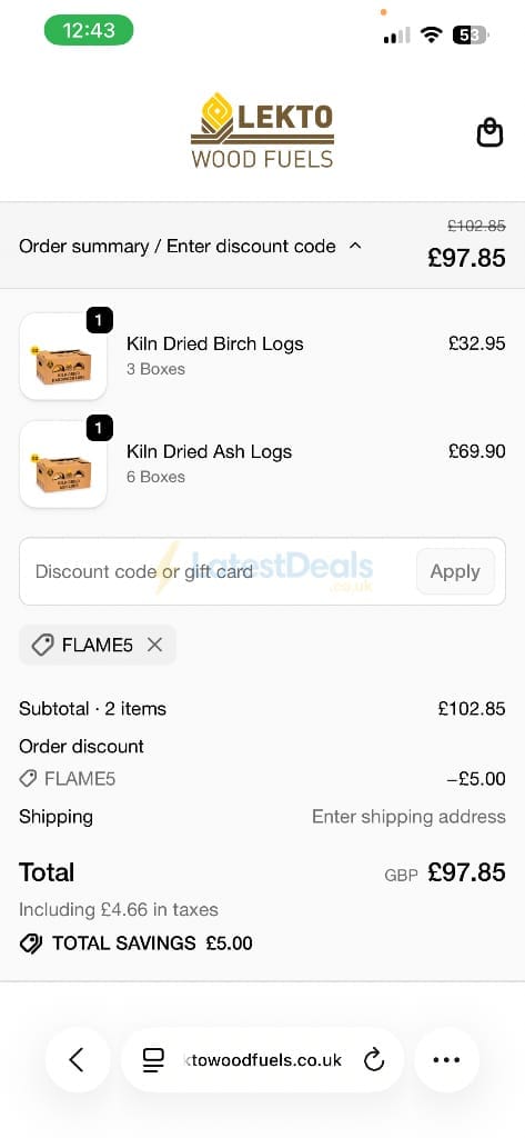 Screenshot of the Lekto Wood Fuels discount code working