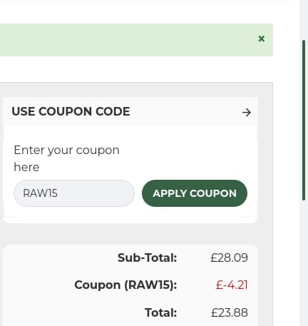 Screenshot of the Raw Powders discount code working