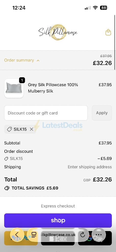 Screenshot of the Silk Pillowcase discount code working