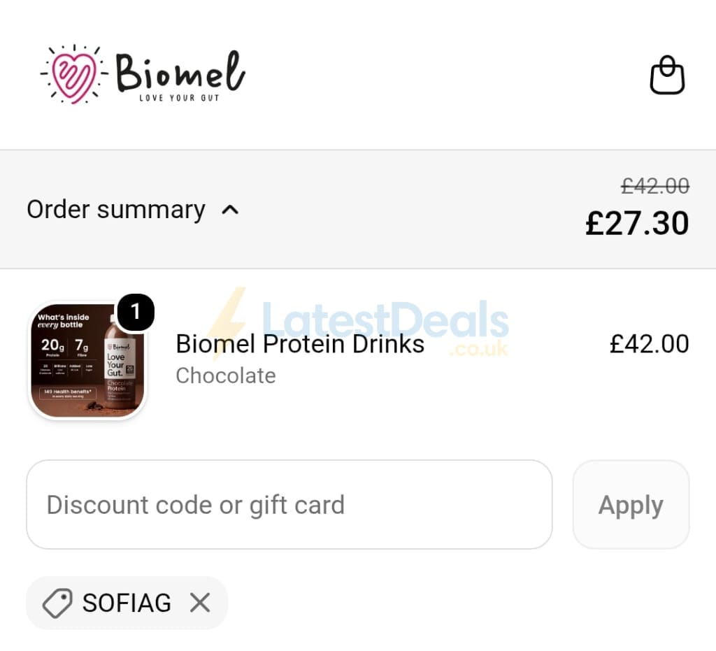 Screenshot of the Biomel discount code working