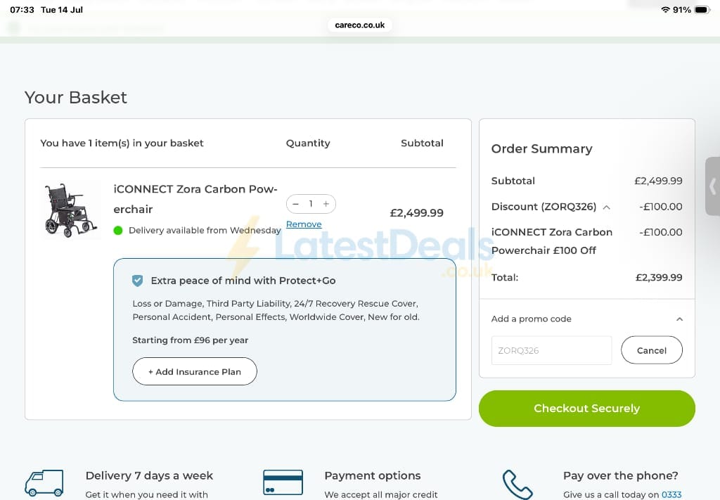 Screenshot of the CareCo discount code working