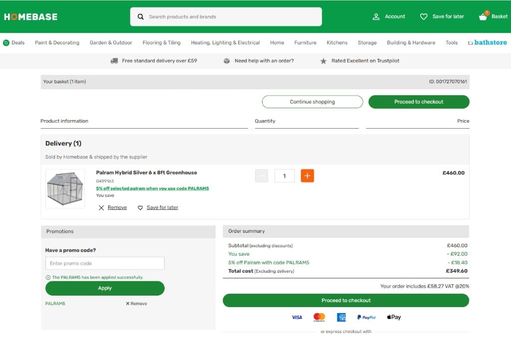 Screenshot of the Homebase discount code working