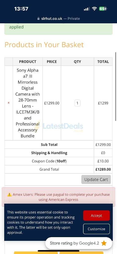 Screenshot of the SLRHut discount code working