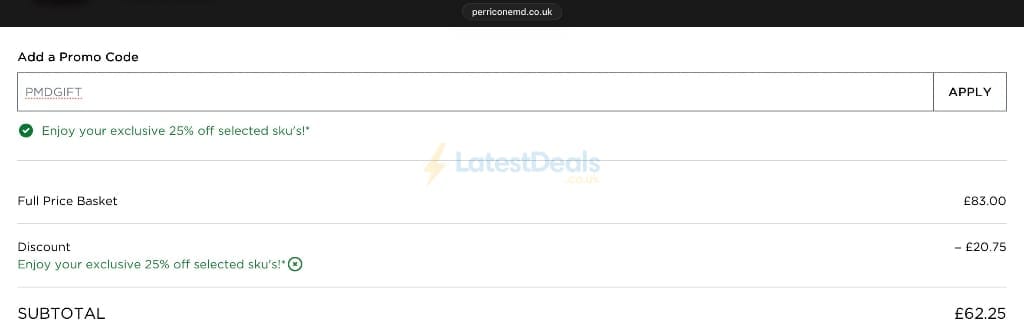 Screenshot of the Perricone MD discount code working