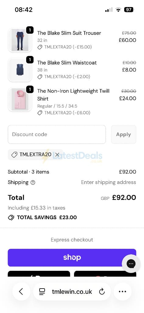 Screenshot of the TM Lewin discount code working