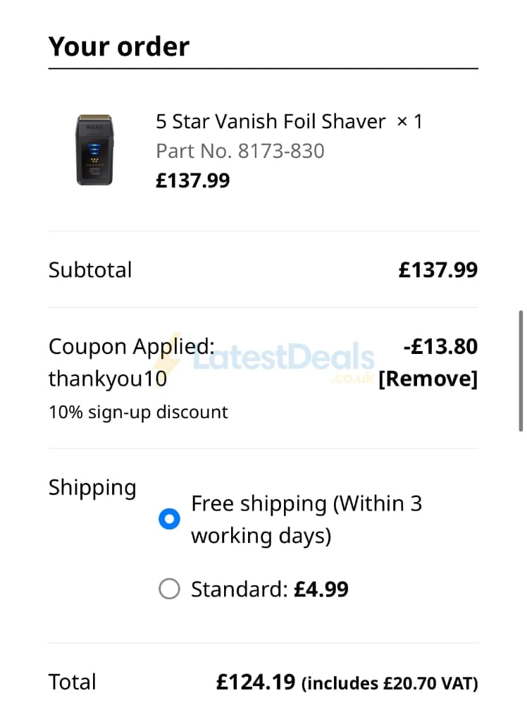 Screenshot of the Wahl discount code working