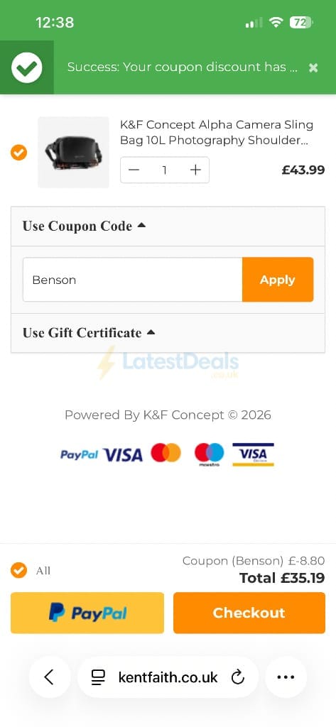 Screenshot of the K&F Concept discount code working