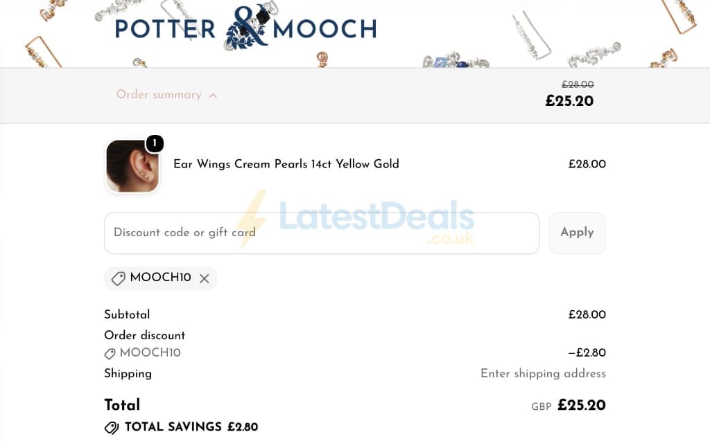 Screenshot of the Potter & Mooch discount code working