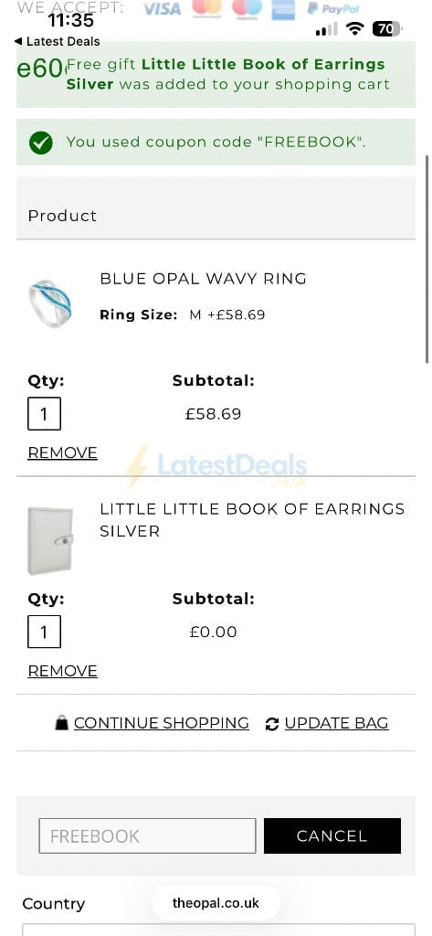 Screenshot of the The Opal discount code working