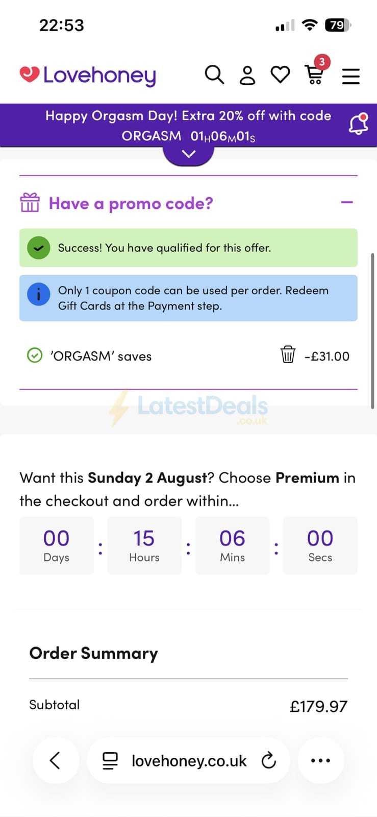 Screenshot of the Lovehoney discount code working