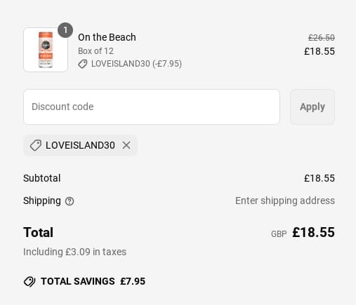 Screenshot of the Tapp D Cocktails discount code working
