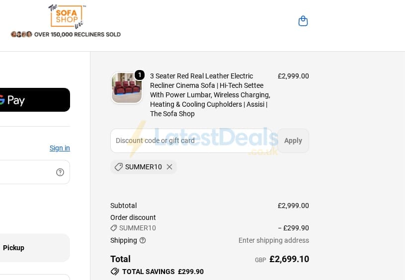 Screenshot of the The Sofa Shop discount code working