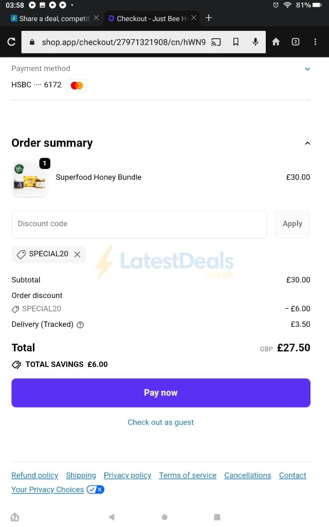 Screenshot of the Just Bee Honey discount code working