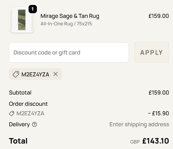 Screenshot of the Ruggable discount code working