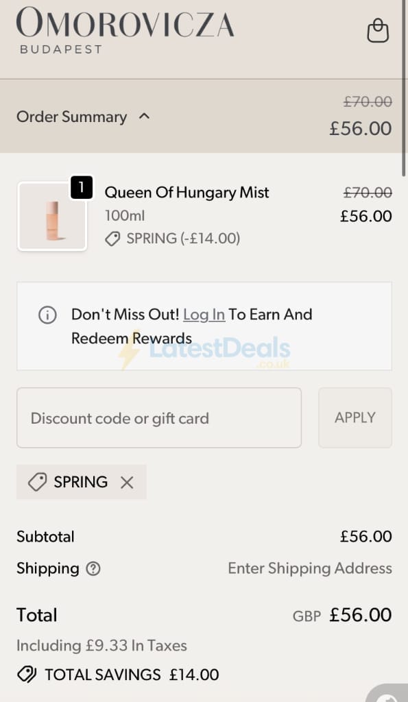 Screenshot of the Omorovicza discount code working