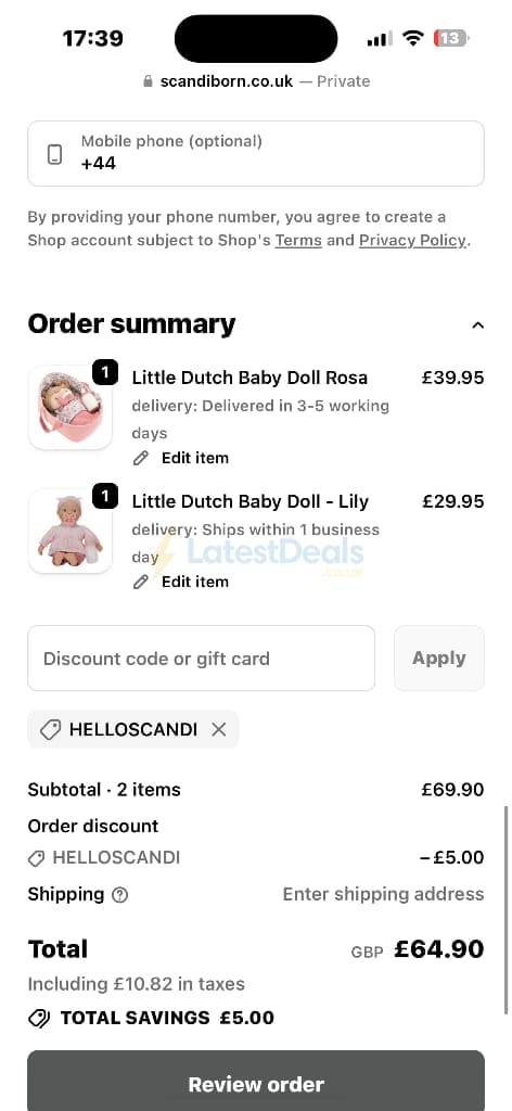 Screenshot of the Scandiborn discount code working