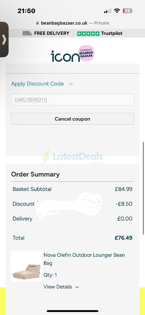 Screenshot of the Bean Bag Bazaar discount code working