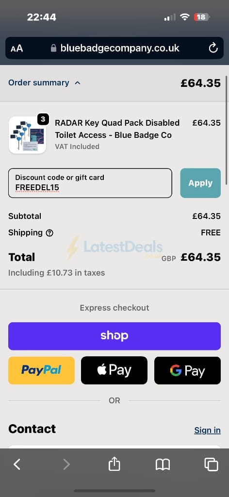 Screenshot of the Blue Badge Co discount code working