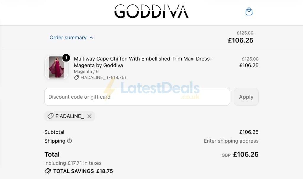 Screenshot of the Goddiva discount code working