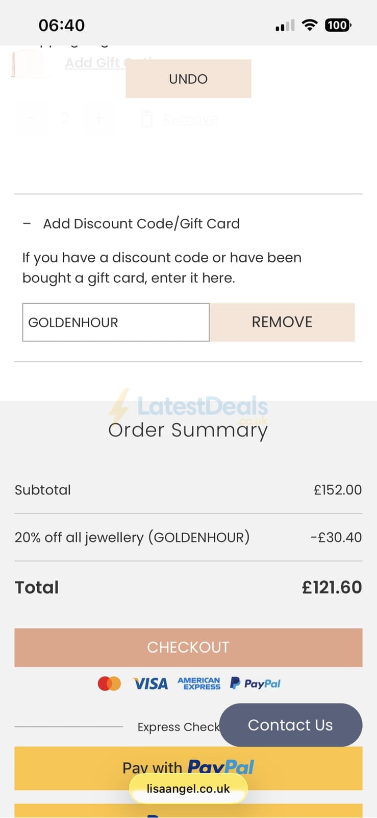 Screenshot of the Lisa Angel discount code working
