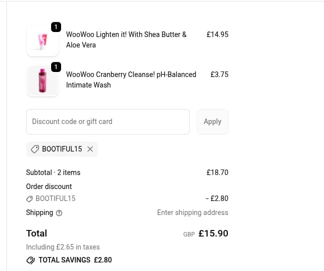 Screenshot of the WooWoo discount code working