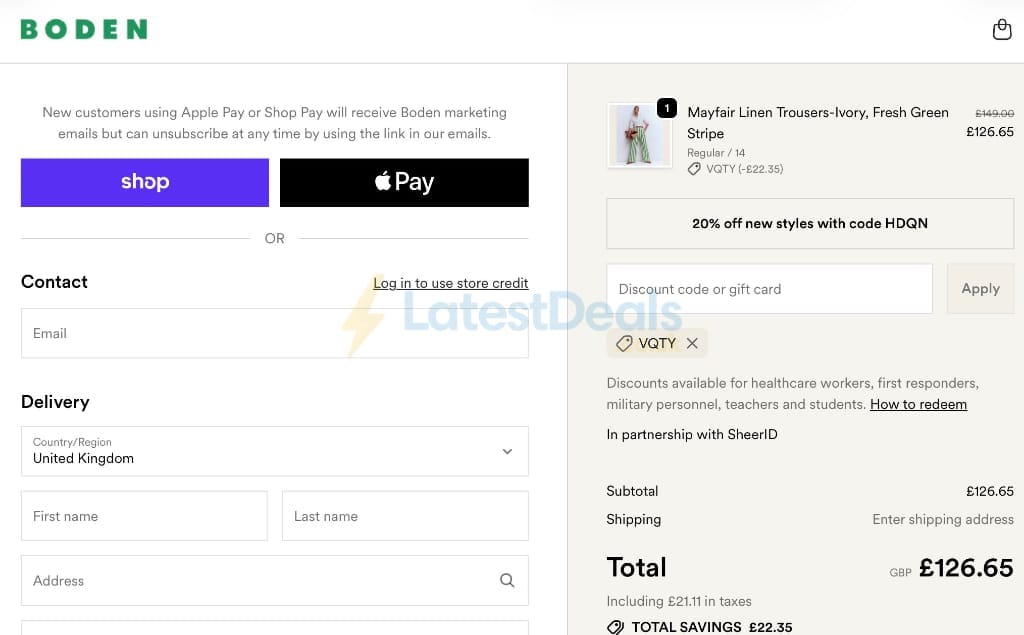 Screenshot of the BODEN discount code working