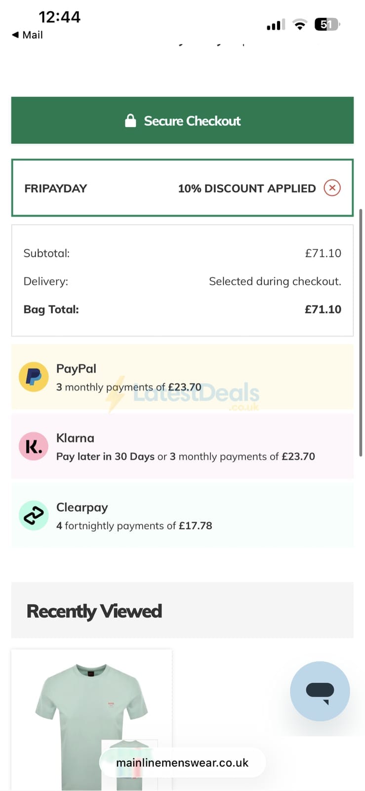 Screenshot of the Mainline Menswear discount code working