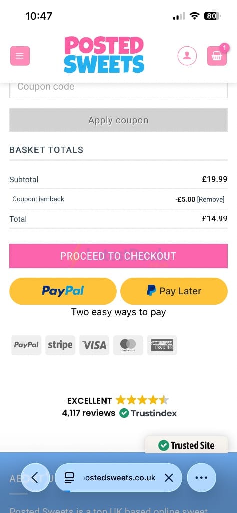 Screenshot of the Posted Sweets discount code working