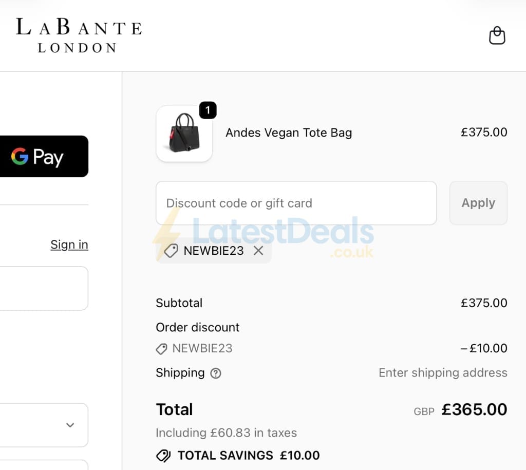 Screenshot of the Labante London discount code working