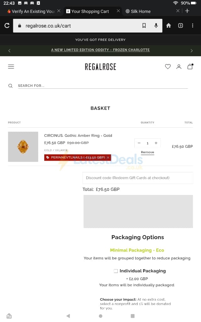 Screenshot of the REGALROSE discount code working