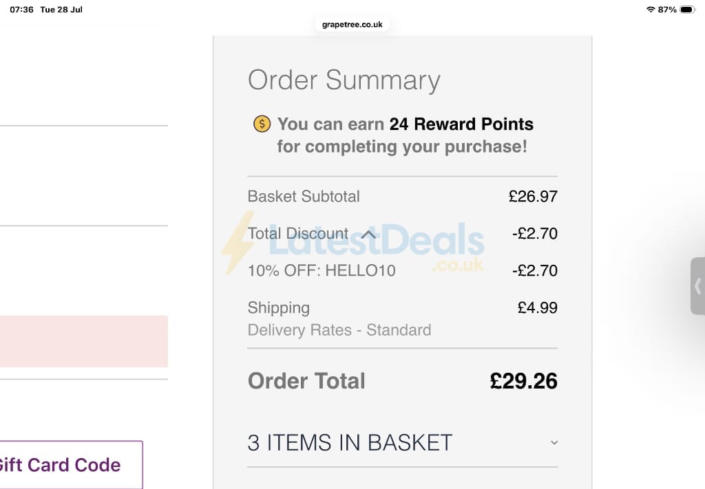 Screenshot of the Grape Tree discount code working