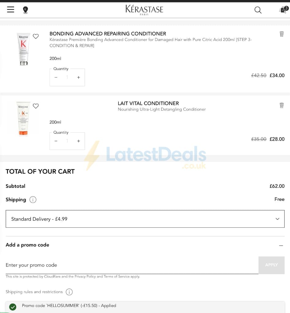 Screenshot of the Kerastase discount code working