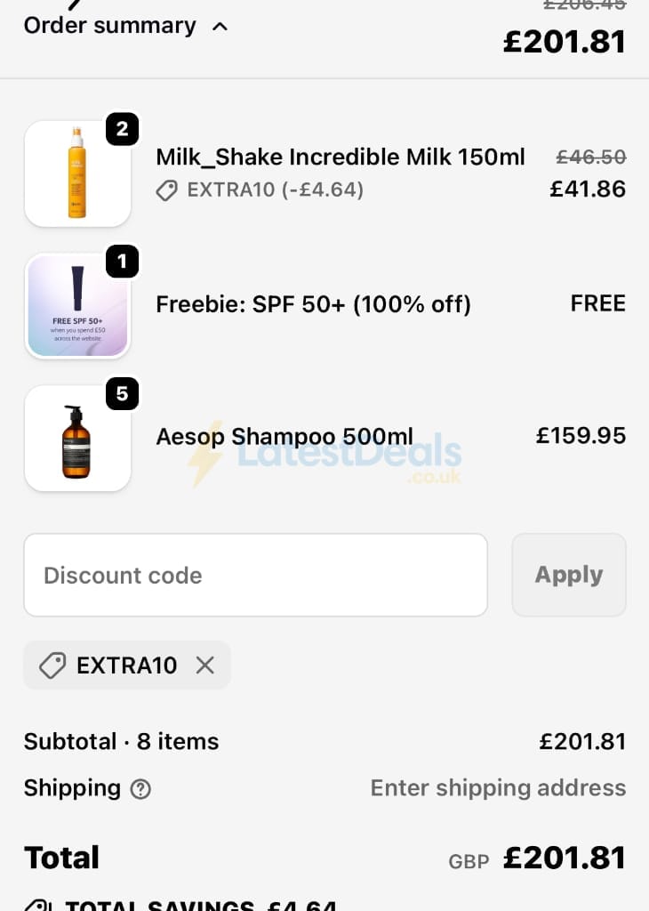Screenshot of the LuxuriousLook discount code working