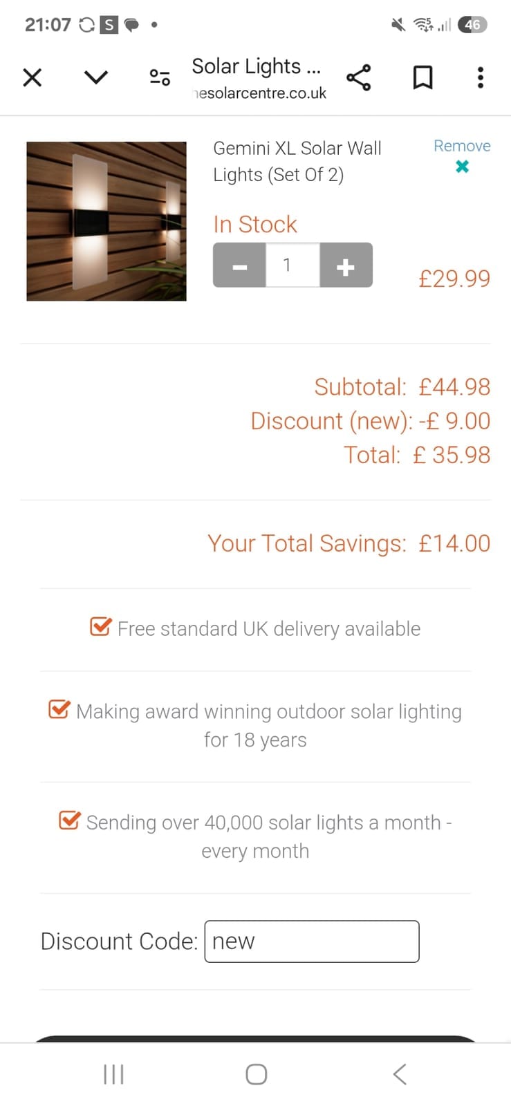Screenshot of the Solar Centre discount code working